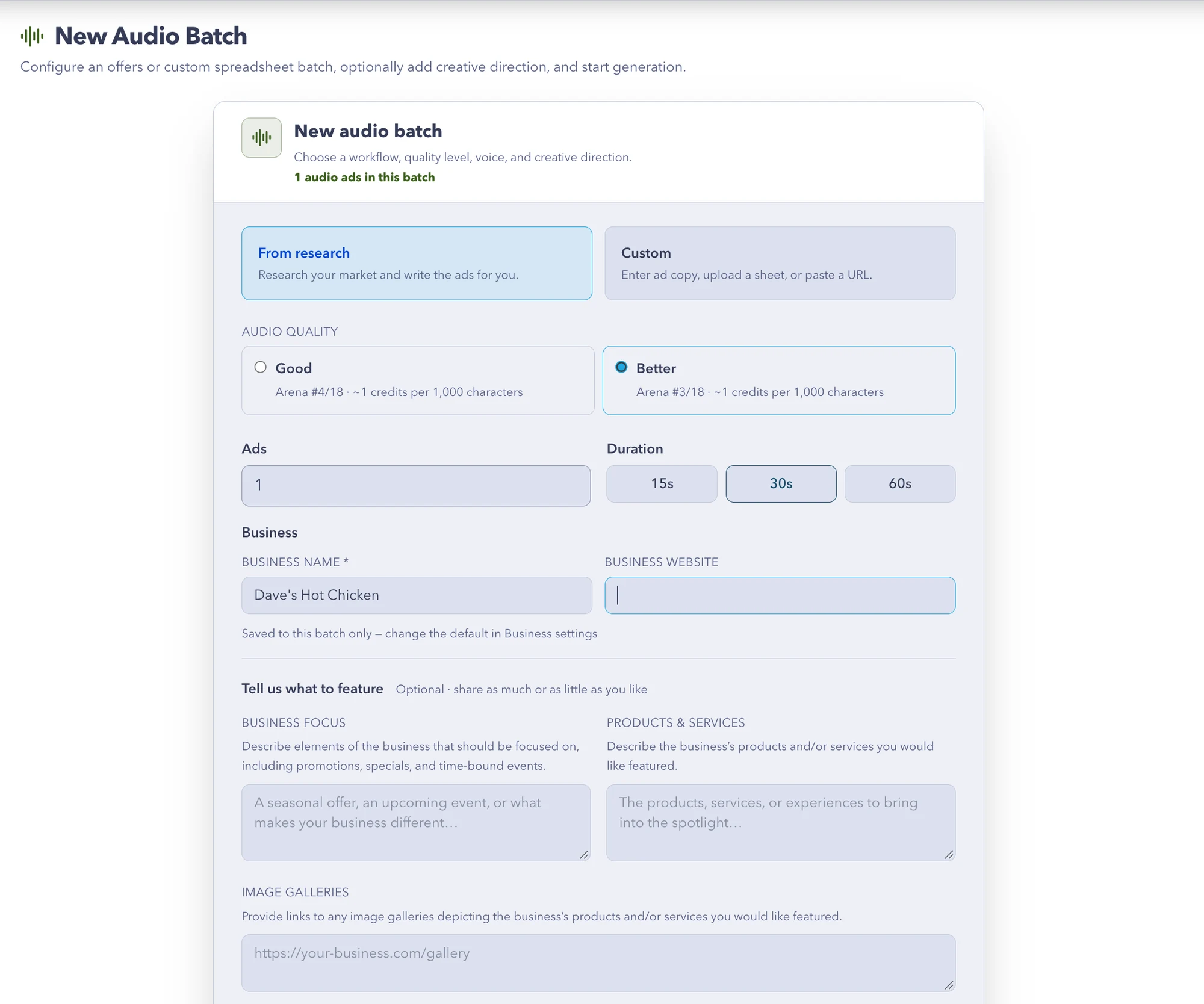 New audio batch form: From research or Custom, audio quality, ads count, 15s 30s 60s duration, business and focus fields, estimated spend