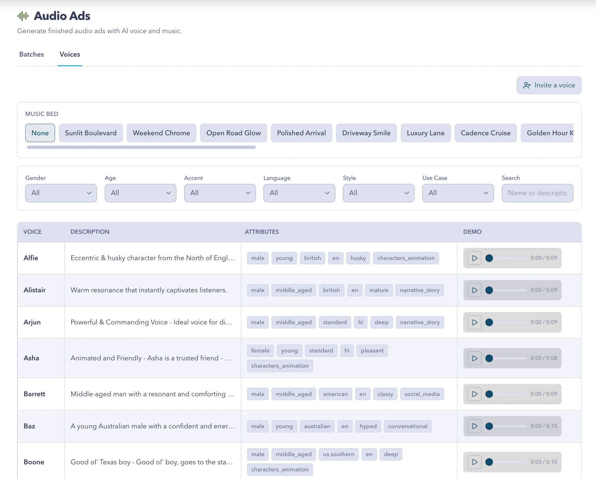 Audio Ads voices tab: music bed picker, filters for gender, age, accent, language, style and use case, and a voice table with demos
