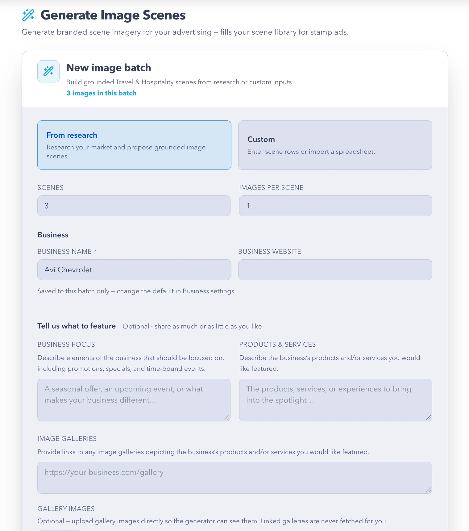 New image batch form: From research or Custom, scenes and images per scene, business focus, products and services, gallery uploads, estimated spend