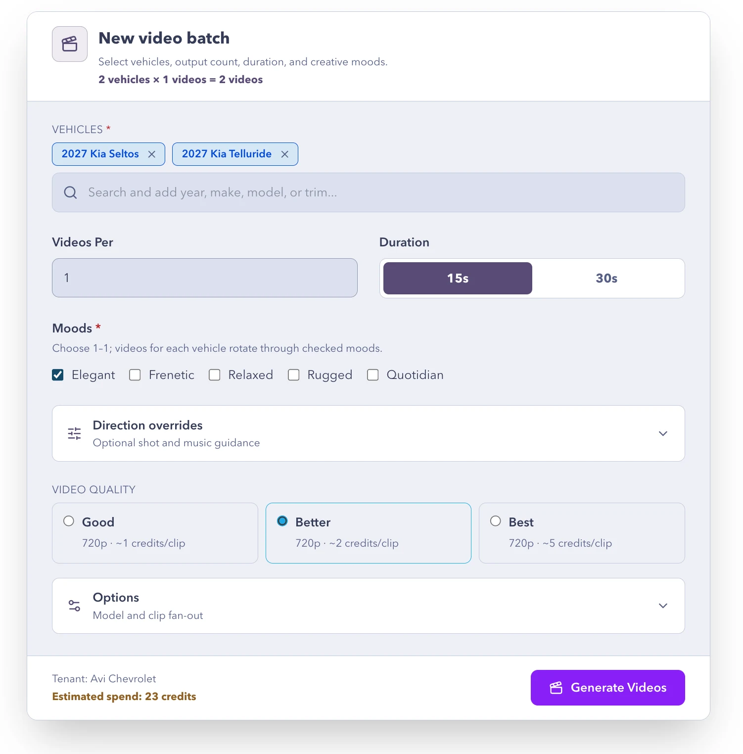 New video batch form: vehicles, videos per vehicle, 15s or 30s duration, moods, direction overrides, video quality tiers with credits per clip