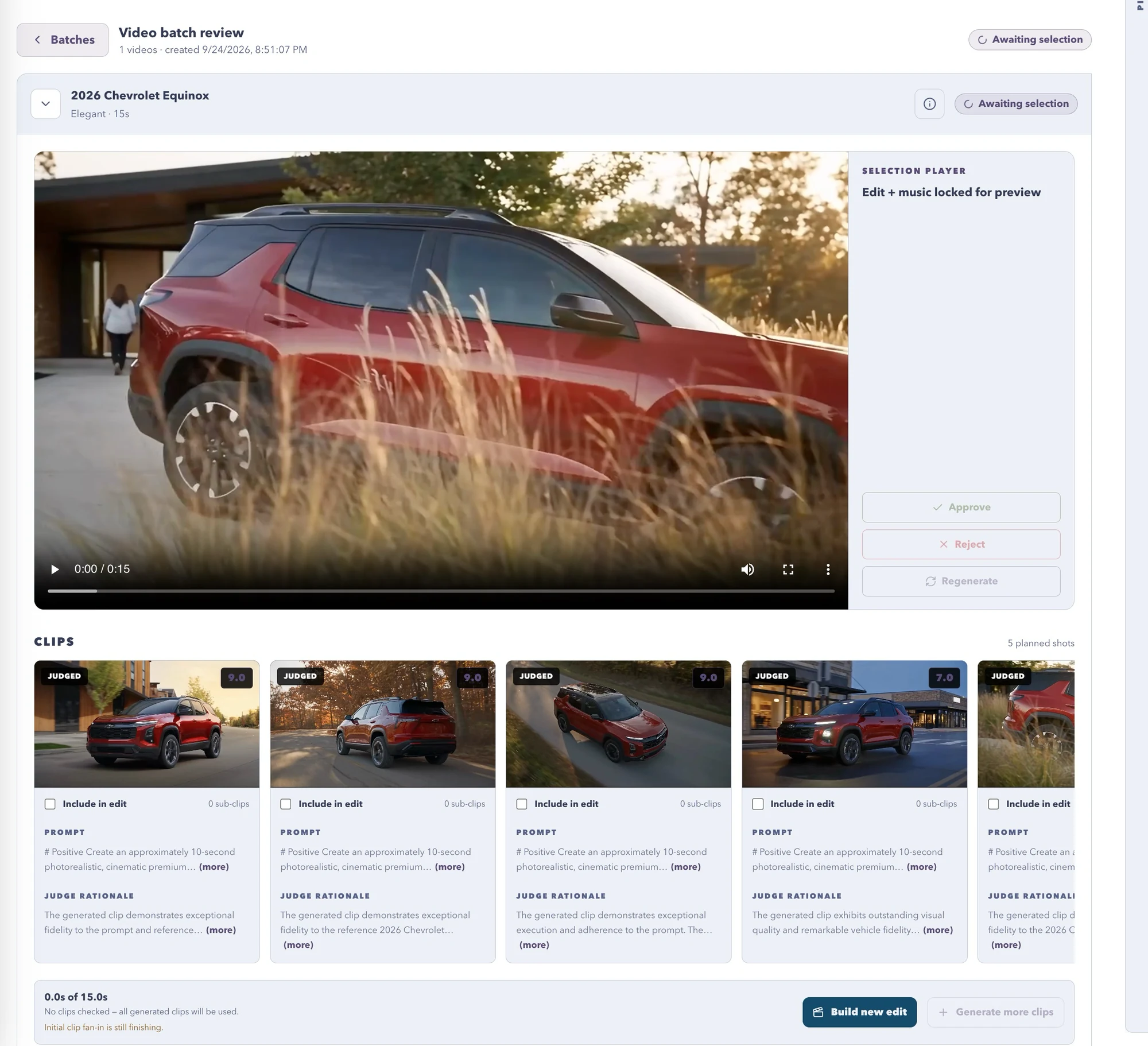 Video batch review: 2026 Chevrolet Equinox preview with approve, reject and regenerate, and five judged clips
